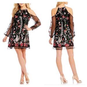 Belle By Badgley Mischka Black Embroidered Floral Halter Cold Shoulder Dress 2